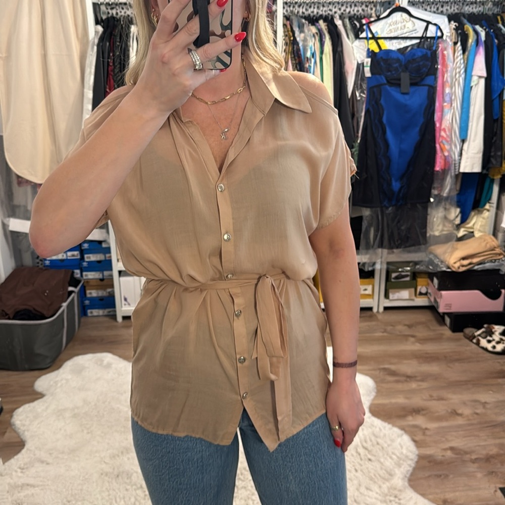 Aggie Tan Belted Cold Shoulder Button Down Top
